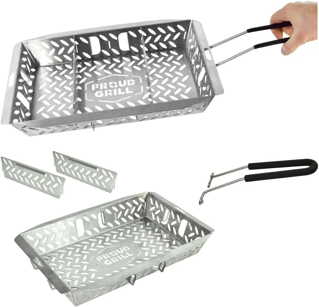 Proud Grill UltraVersatile Stainless Steel Grill Basket - Large BBQ Griddle basket for Outdoor Grill Vegetables - Meat - Fish Grill Basket with Detachable Handle & Movable Dividers