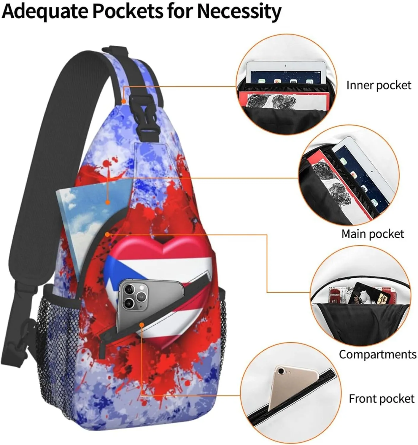 Puerto Rico Flag Sling Bag,Multipurpose Crossbody Backpack Shoulder Chest Bag for Women Men Travel Hiking Daypack