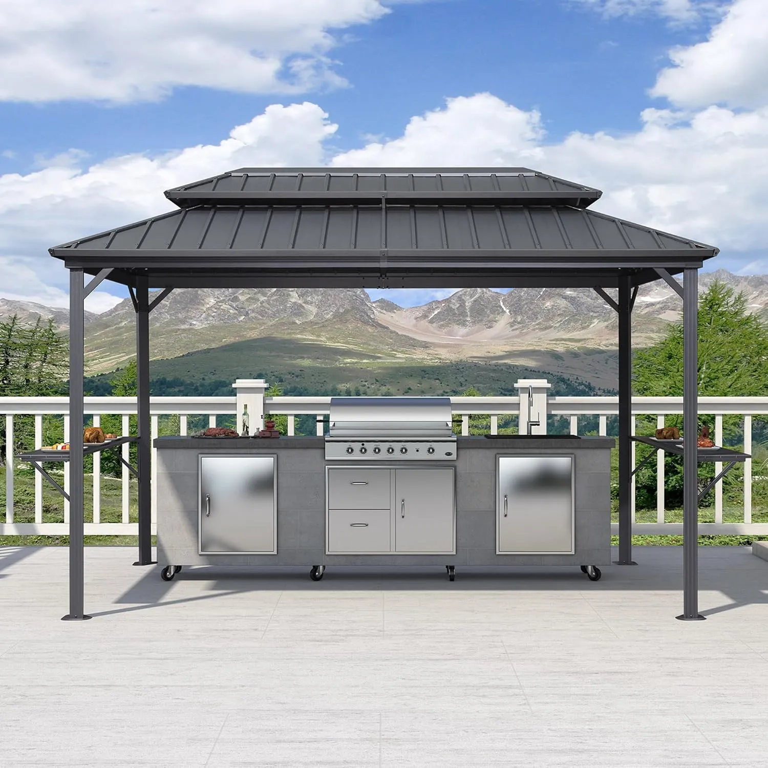 PURPLE LEAF 6.5' X 12' Hardtop Grill Gazebo for Patio Permanent Aluminum Barbeque Shelter with Ceiling Hook and Shelves Double Tiered Grey Outdoor BBQ Gazebo