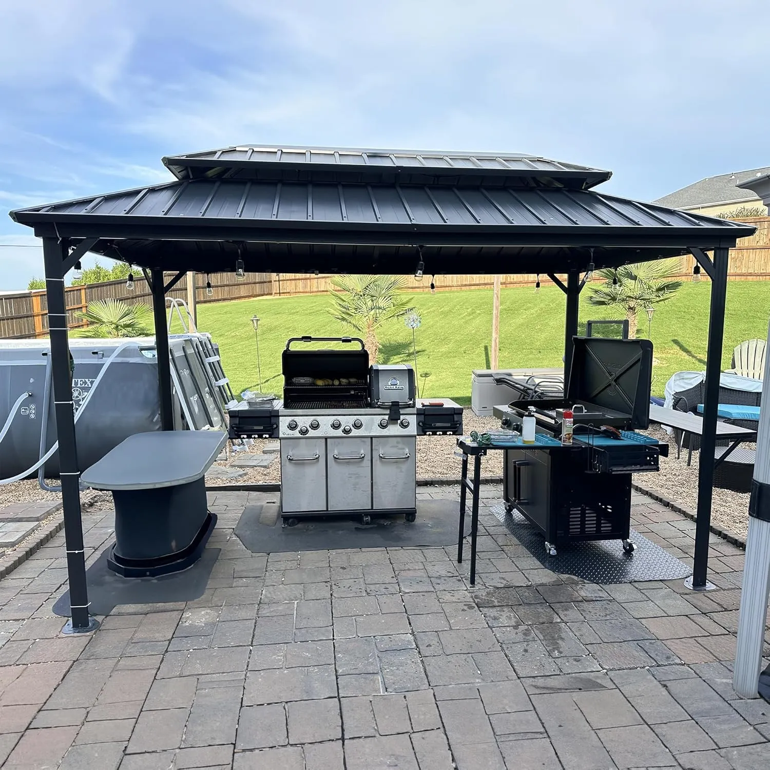 PURPLE LEAF 6.5' X 12' Hardtop Grill Gazebo for Patio Permanent Aluminum Barbeque Shelter with Ceiling Hook and Shelves Double Tiered Grey Outdoor BBQ Gazebo