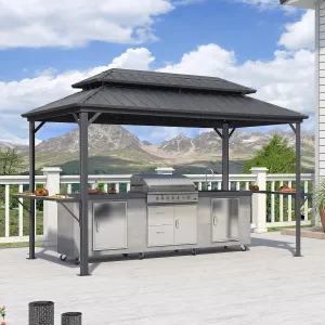 PURPLE LEAF 6.5' X 12' Hardtop Grill Gazebo for Patio Permanent Aluminum Barbeque Shelter with Ceiling Hook and Shelves Double Tiered Grey Outdoor BBQ Gazebo