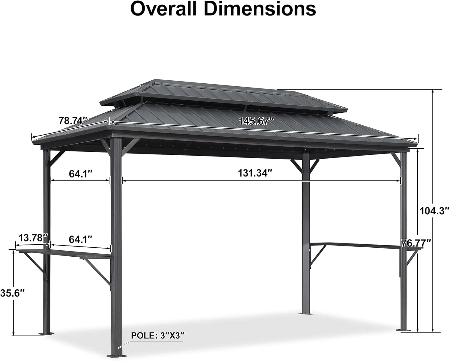 PURPLE LEAF 6.5' X 12' Hardtop Grill Gazebo for Patio Permanent Aluminum Barbeque Shelter with Ceiling Hook and Shelves Double Tiered Grey Outdoor BBQ Gazebo