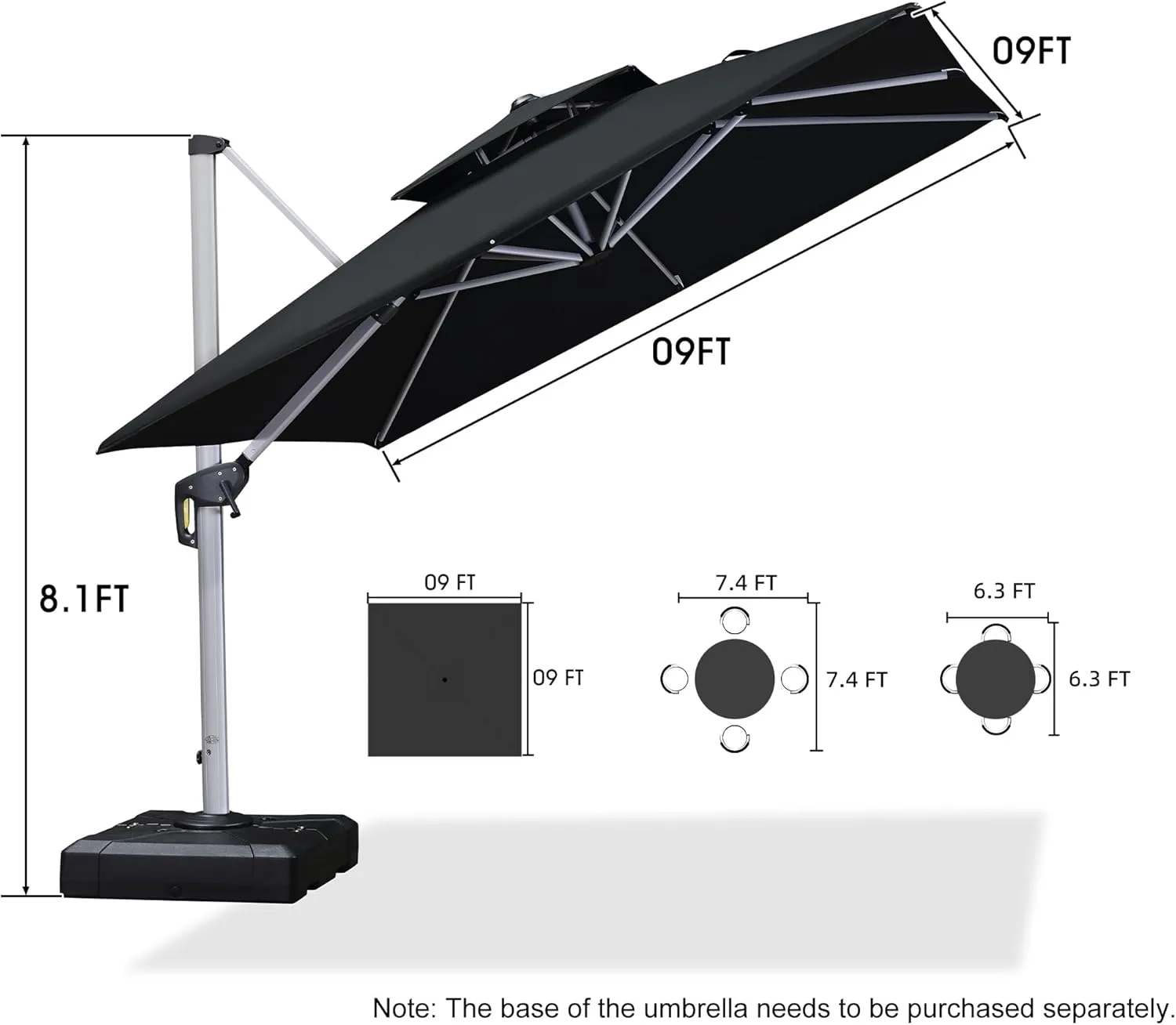 PURPLE LEAF 9ft Patio Umbrella Outdoor Square Umbrella Large Cantilever Umbrella Windproof Offset Heavy Duty Sun for Garden Deck Pool Patio, Black