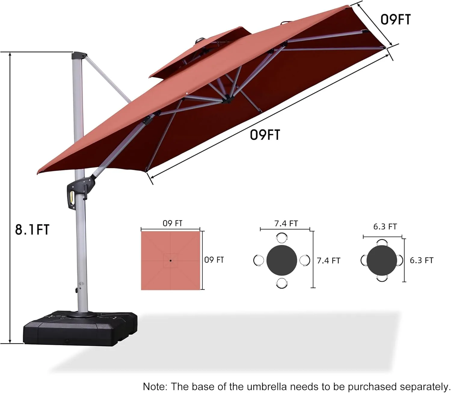 PURPLE LEAF 9ft Patio Umbrella Outdoor Square Umbrella Large Cantilever Umbrella Windproof Offset Heavy Duty Sun for Garden Deck Pool Patio, Brick Red