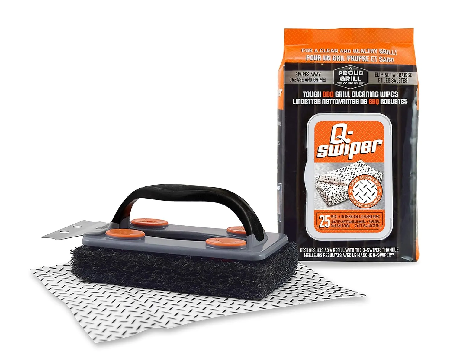 Q-Swiper BBQ Grill Cleaner Set - 1 Grill Brush with Scraper and 25 BBQ Grill Cleaning Wipes | No Bristles & Wire Free | Safe Way to Remove Grease and Grime for A Clean and Healthy Grill!