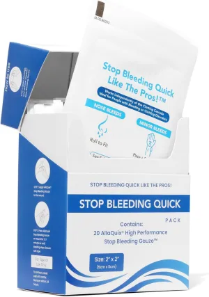 Quick Pack Stop Bleeding Gauze – Mountable Flip-Top Access Box with 20 Individually Wrapped 2"x2" Hemostatic Pads – Fast Bleeding Control for Kitchen, Workplace, Garage, First Aid, Sports