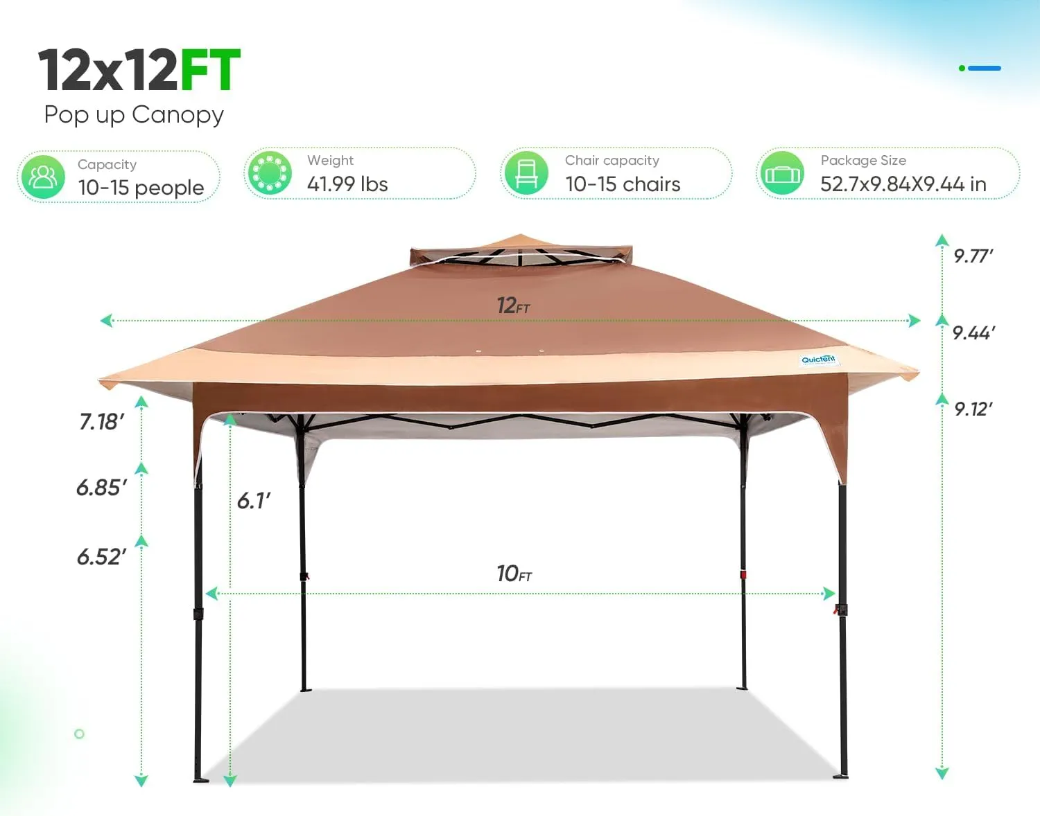 Quictent 12'x12' Pop up Gazebo Canopy Tent, One Person Set up Portable Instant Folding Shelter, Outdoor Canopy Tent with Extra Shade for Backyard, Patio, Party - Khaki