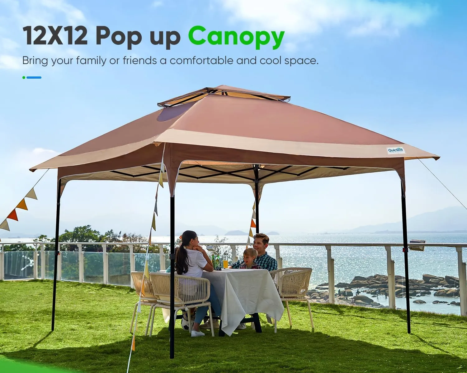 Quictent 12'x12' Pop up Gazebo Canopy Tent, One Person Set up Portable Instant Folding Shelter, Outdoor Canopy Tent with Extra Shade for Backyard, Patio, Party - Khaki