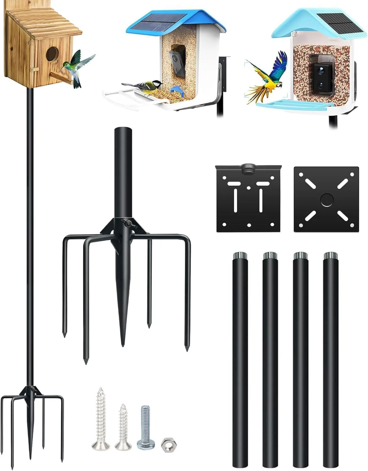 QwayHome Upgrade 80In Smart Bird Feeder Pole, 1Inch Dia Outdoor Bluebird House Pole Mount Kit Outdoors Weather Station, Adjustable Heavy Duty Metal Bird Feeder Pole Stand with 5-Prong Base