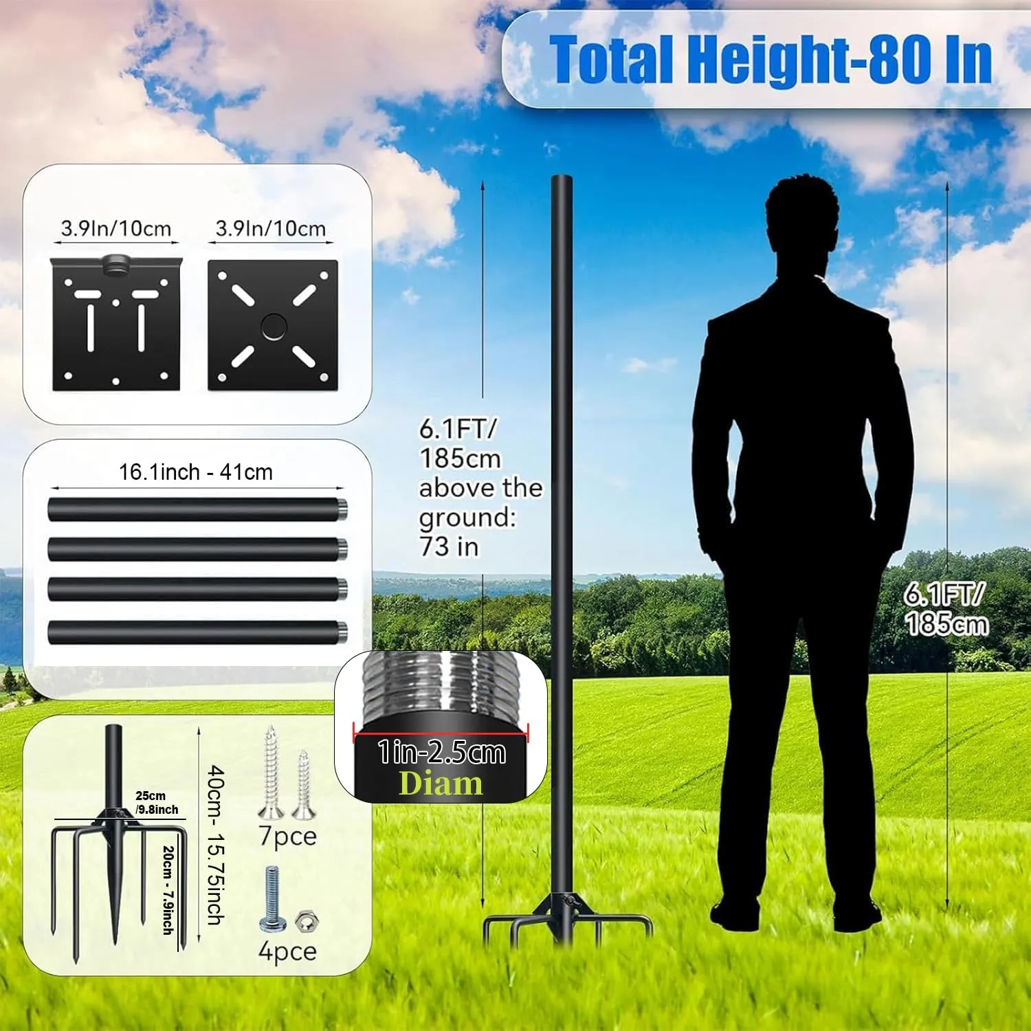 QwayHome Upgrade 80In Smart Bird Feeder Pole, 1Inch Dia Outdoor Bluebird House Pole Mount Kit Outdoors Weather Station, Adjustable Heavy Duty Metal Bird Feeder Pole Stand with 5-Prong Base