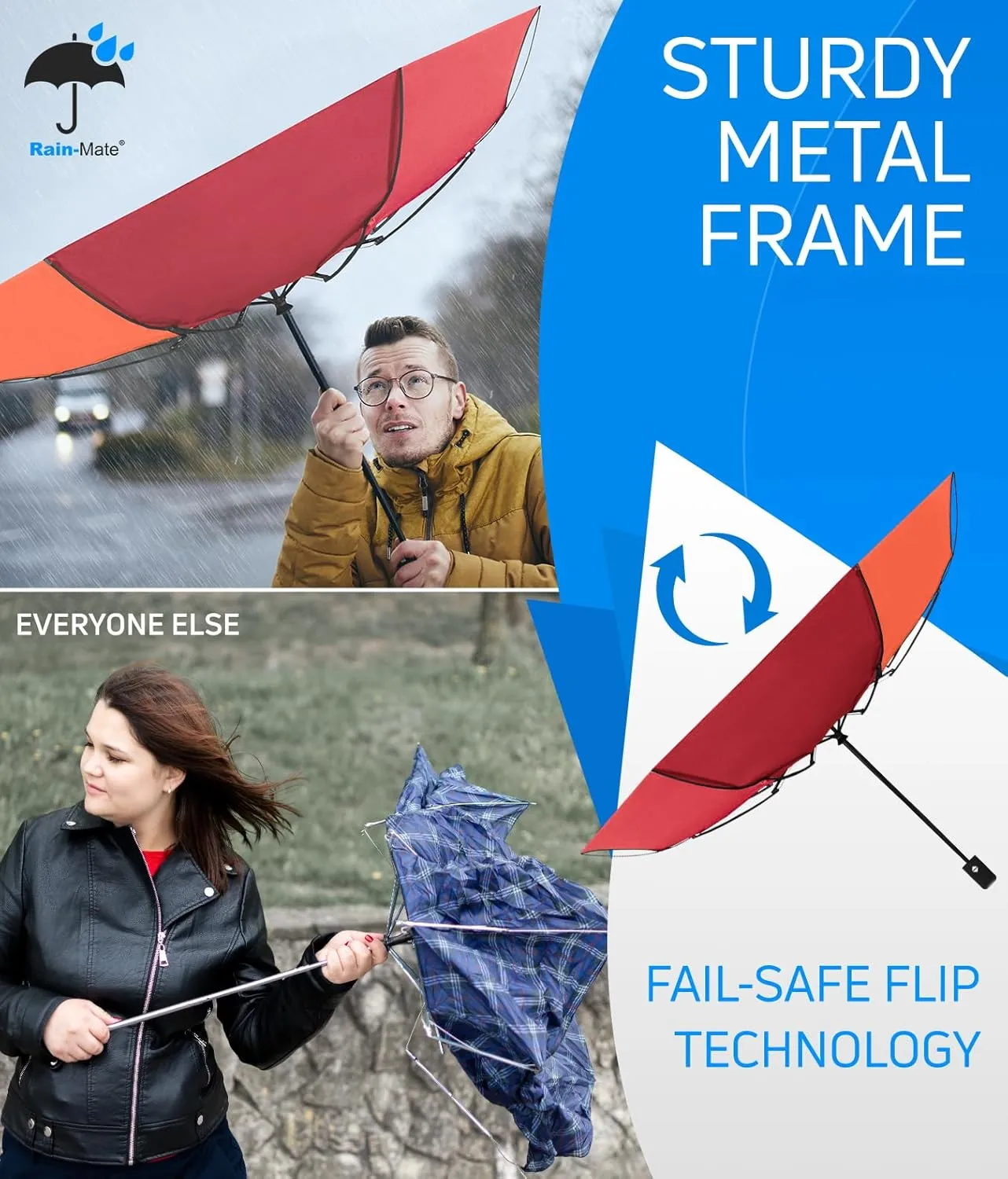 Rain-Mate Windproof Compact Umbrellas for Rain - Portable Folding Travel Umbrella - Auto Open & Close Button