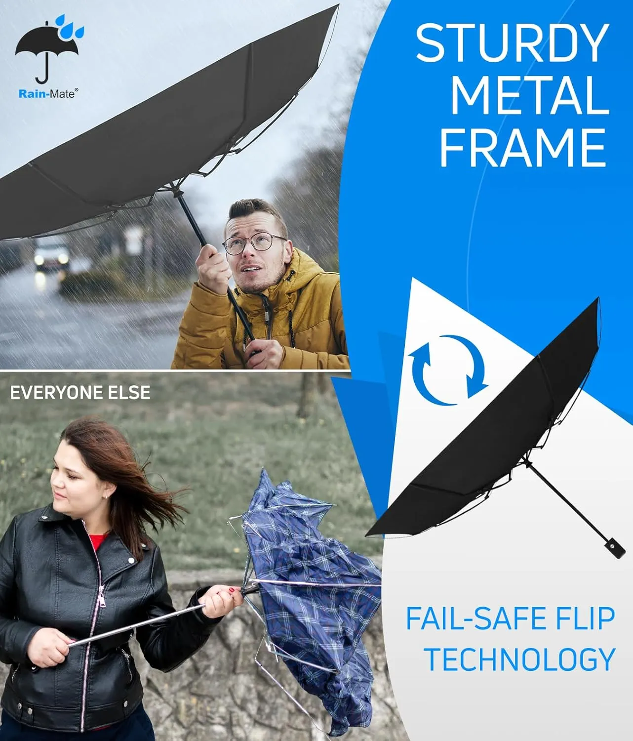 Rain-Mate Windproof Compact Umbrellas for Rain - Portable Folding Travel Umbrella - Auto Open & Close Button