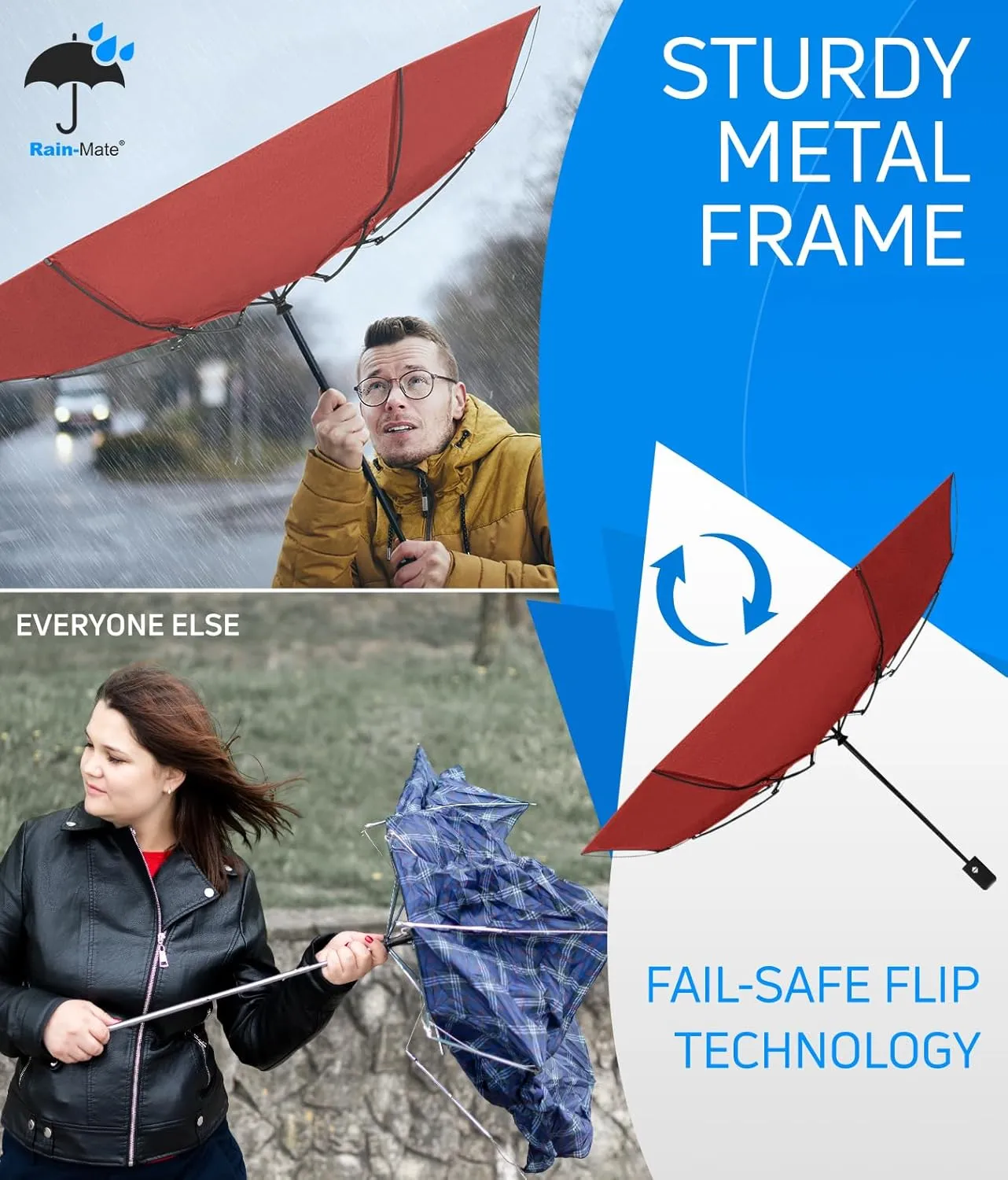 Rain-Mate Windproof Compact Umbrellas for Rain - Portable Folding Travel Umbrella - Auto Open & Close Button