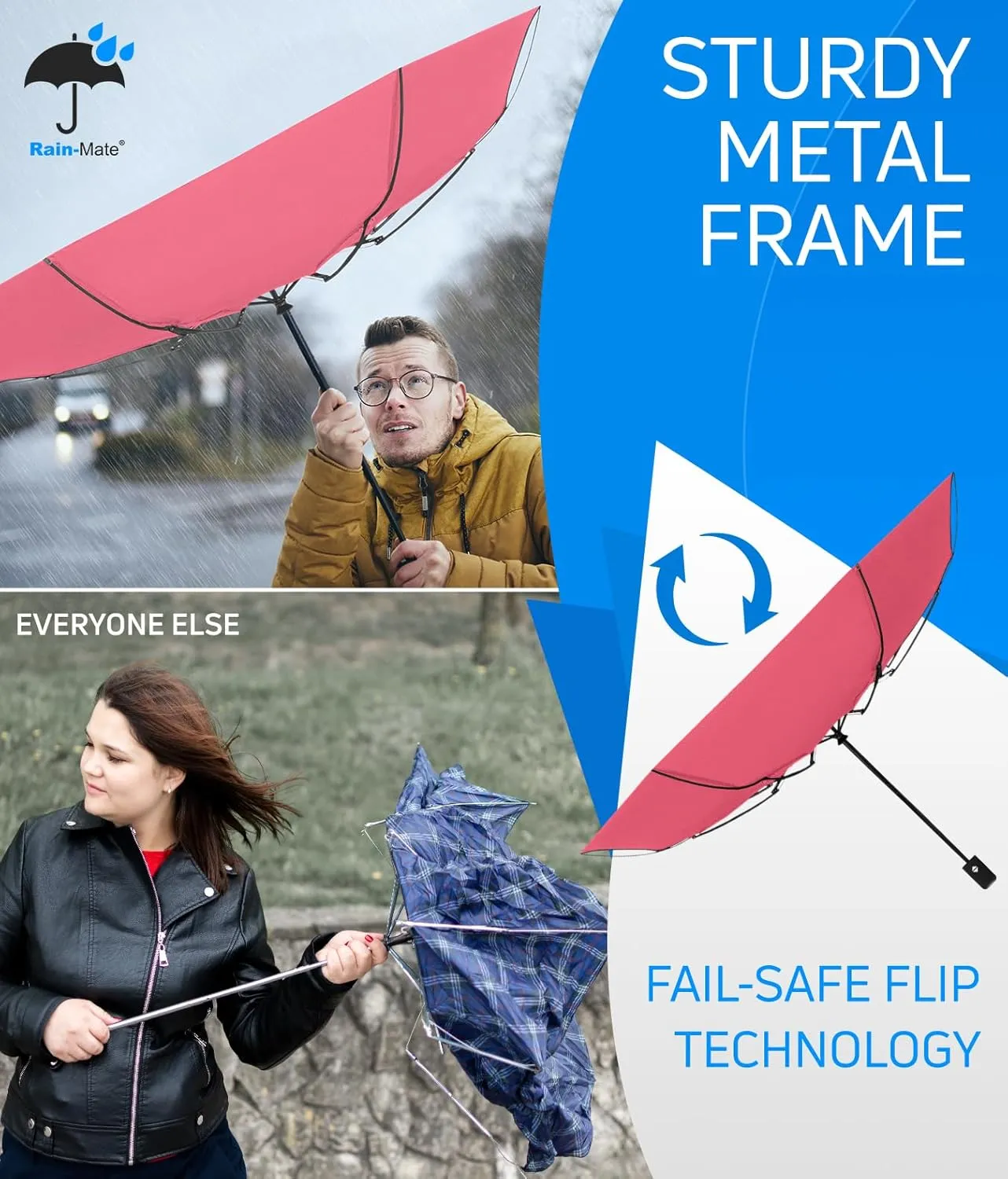 Rain-Mate Windproof Compact Umbrellas for Rain - Portable Folding Travel Umbrella - Auto Open & Close Button