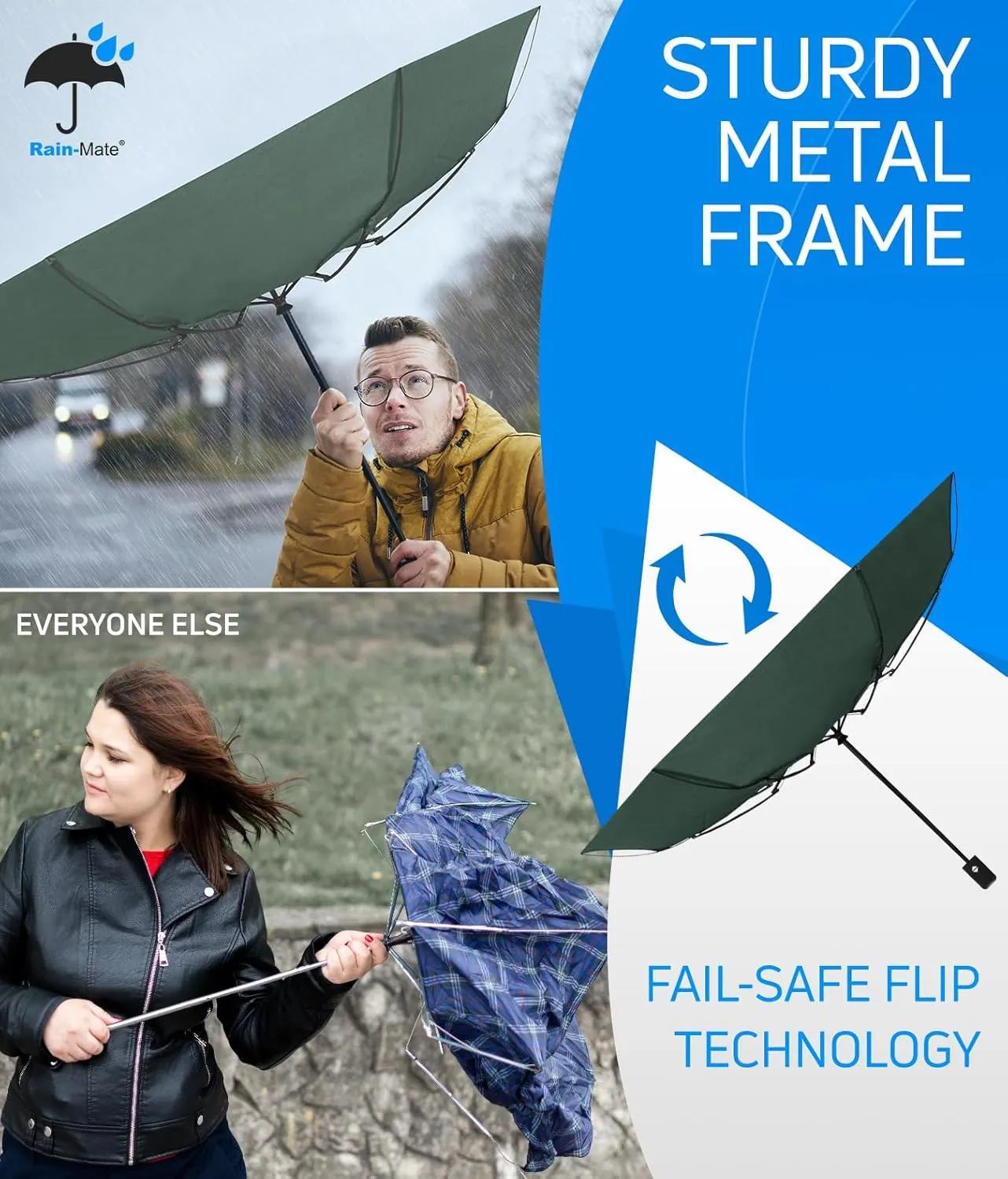 Rain-Mate Windproof Compact Umbrellas for Rain - Portable Folding Travel Umbrella - Auto Open & Close Button