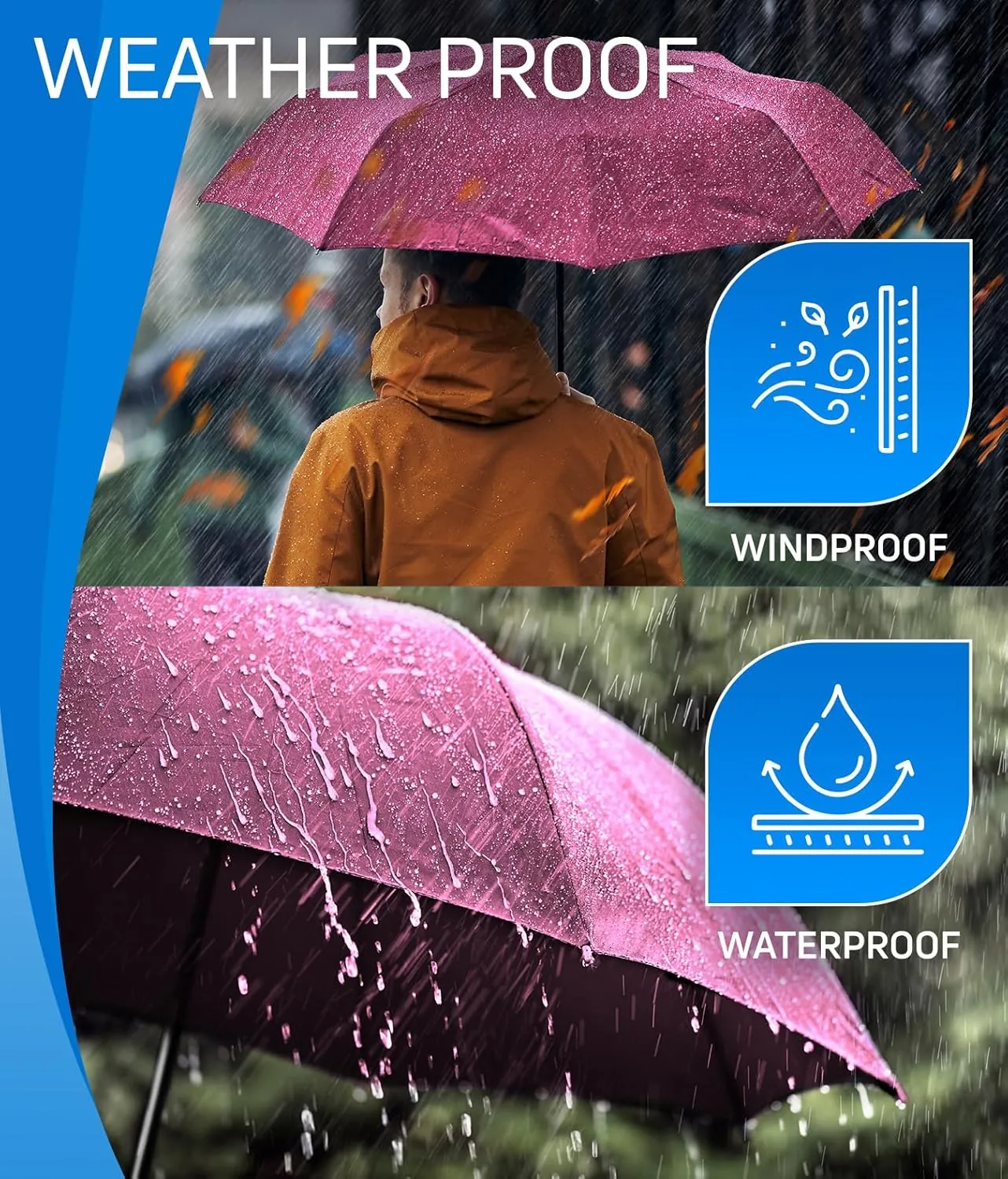 Rain-Mate Windproof Compact Umbrellas for Rain - Portable Folding Travel Umbrella - Auto Open & Close Button