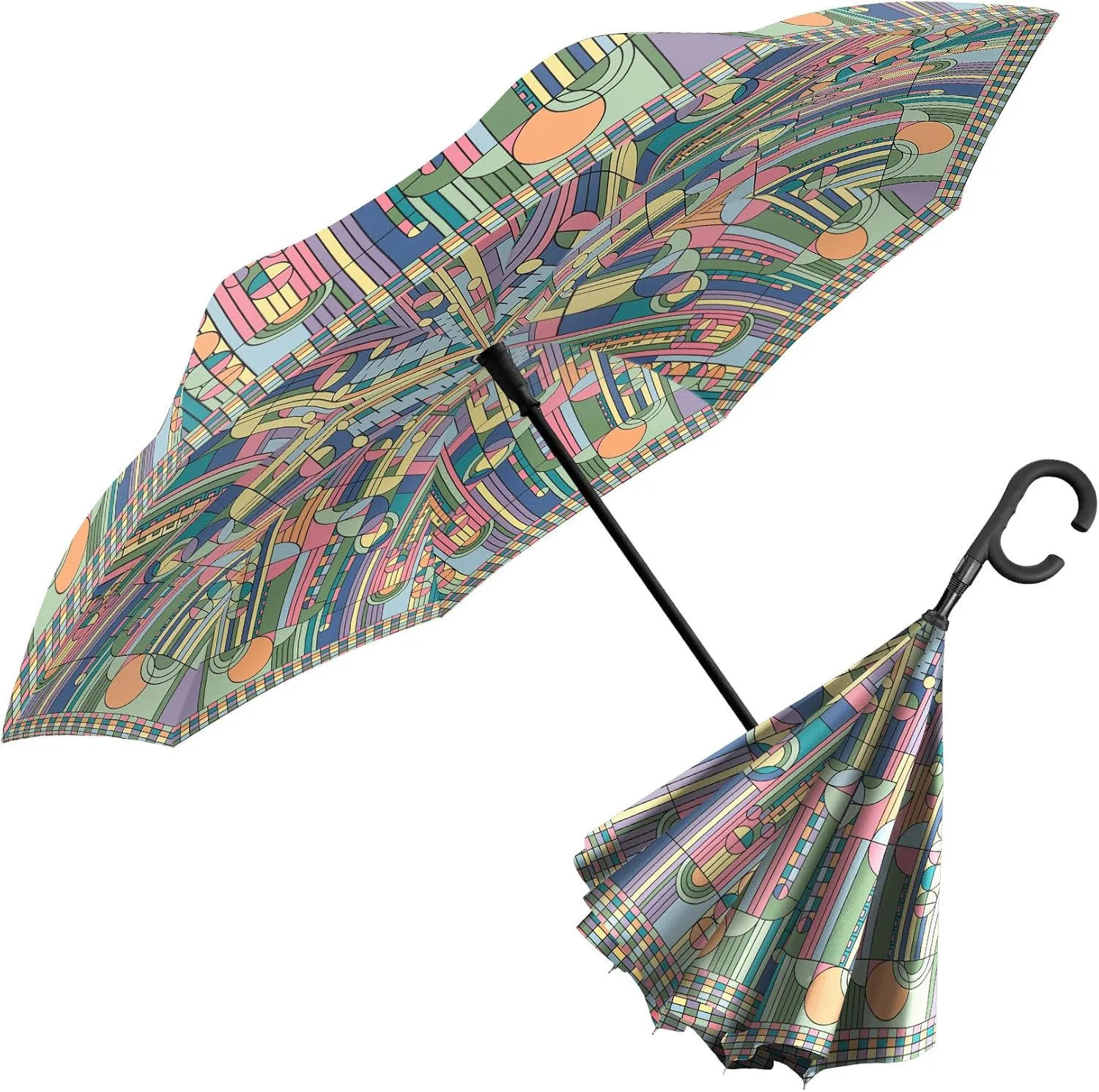 RainCaper Frank Lloyd Wright Reverse Inverted Windproof Reverse Opening Upside Down Umbrella with C-shaped Handsfree Handle (FLW Saguaro Forms)