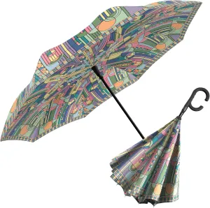 RainCaper Frank Lloyd Wright Reverse Inverted Windproof Reverse Opening Upside Down Umbrella with C-shaped Handsfree Handle (FLW Saguaro Forms)
