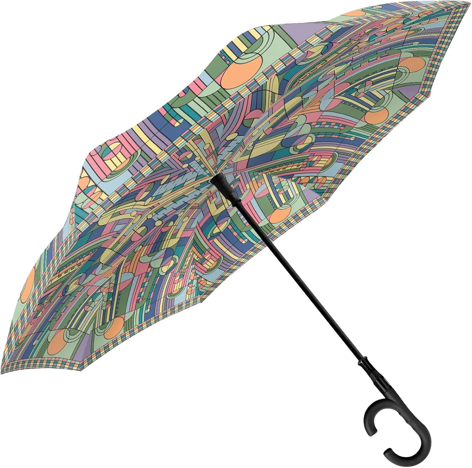 RainCaper Frank Lloyd Wright Reverse Inverted Windproof Reverse Opening Upside Down Umbrella with C-shaped Handsfree Handle (FLW Saguaro Forms)
