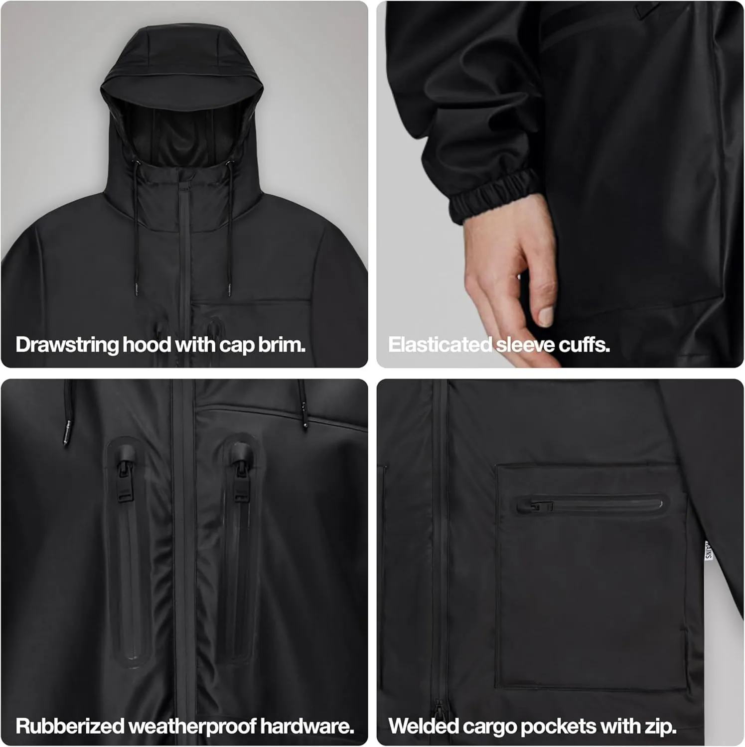 RAINS Cargo Long Jacket – Unisex Waterproof Raincoat with Adjustable Hood, Durable PU Fabric, Breathable & Lightweight Design