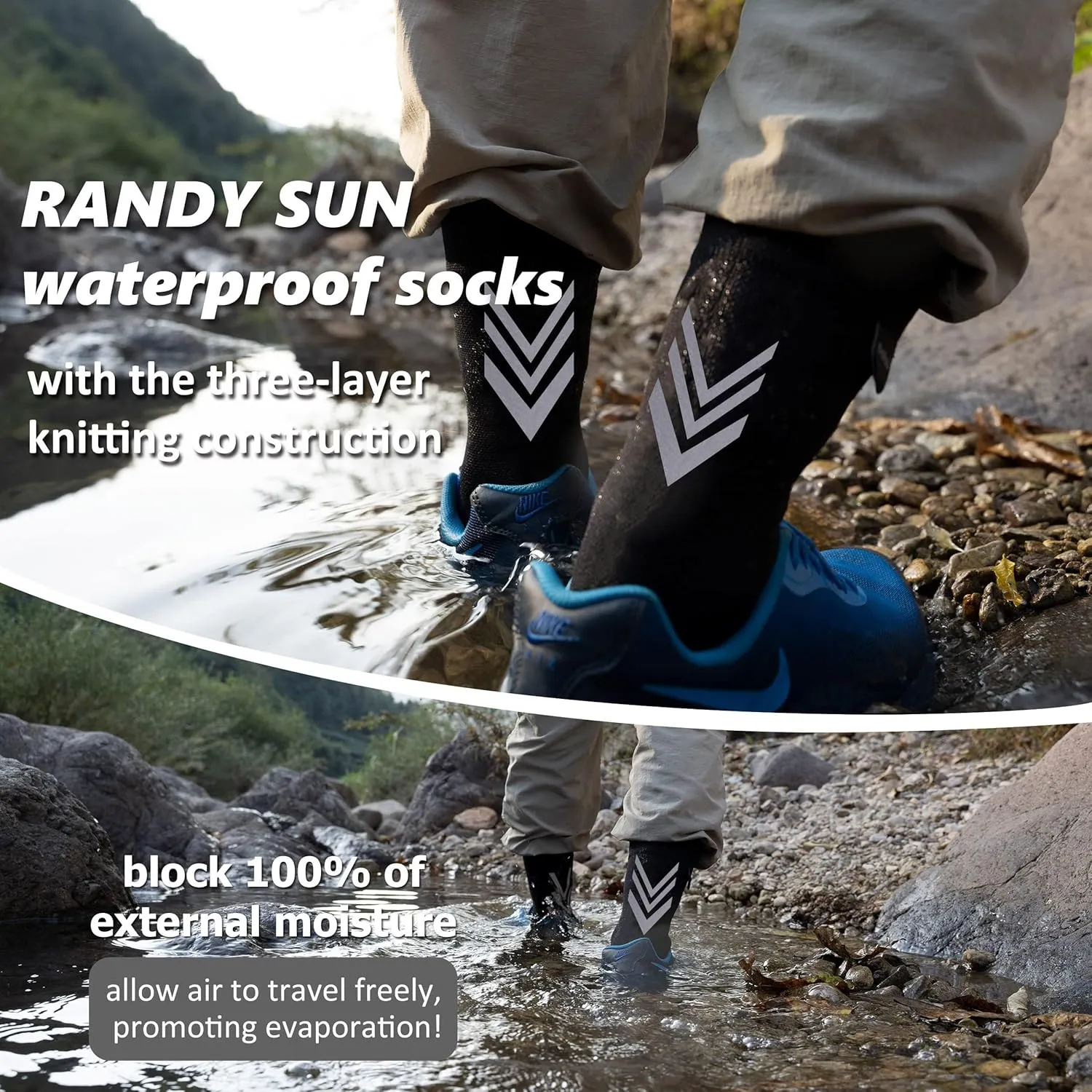 RANDY SUN Merino Wool Hiking Waterproof Socks, Unisex Breathable Multisport Crew Socks 1 Pair