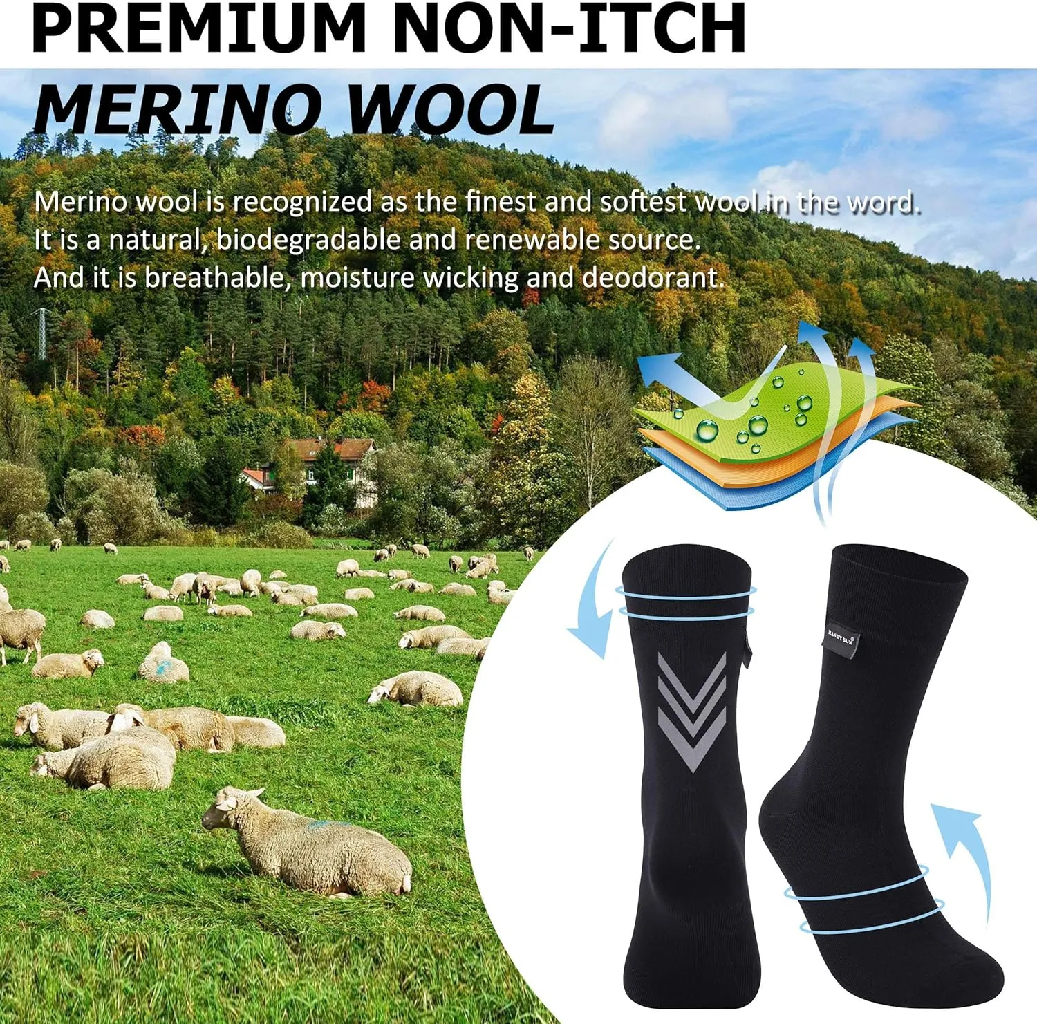 RANDY SUN Merino Wool Hiking Waterproof Socks, Unisex Breathable Multisport Crew Socks 1 Pair
