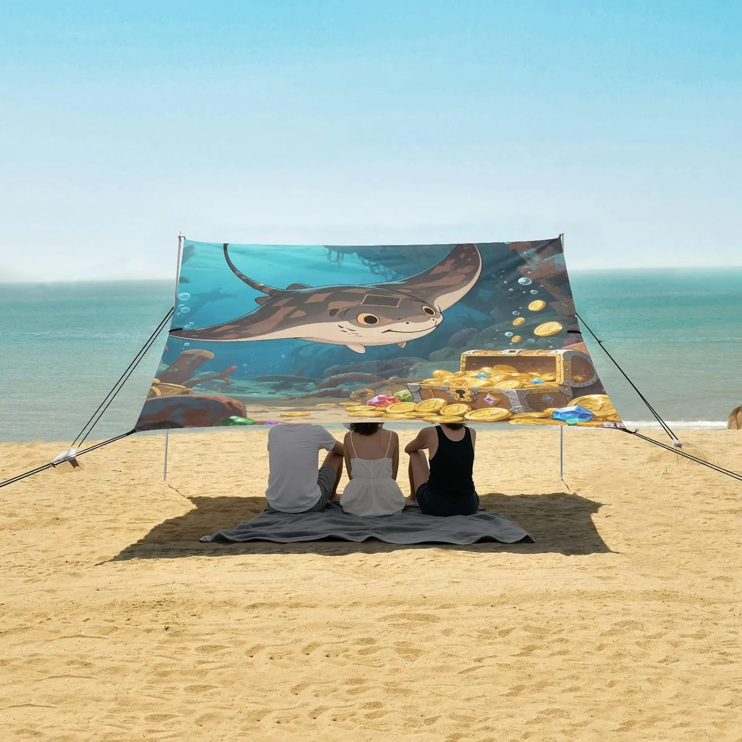 Ray Underwater Treasures Beach Canopy Tent Anti-UV & Wind Resistant, Camping Sun Shelter Easy Setup Portable,Outdoor Shade Tents with Sandbags,Sand Shovels,Ground Pegs & Stability Poles