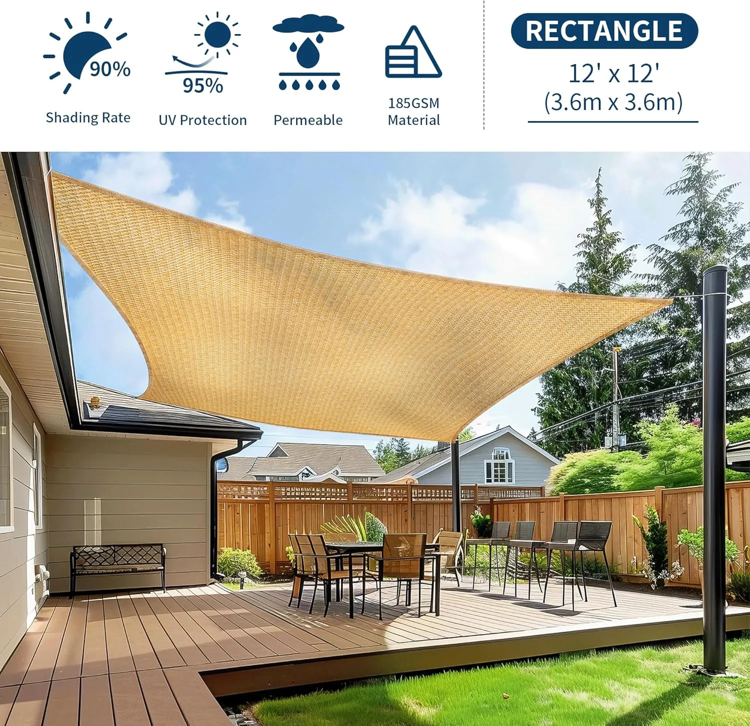 Rectangle 12' x 12' Sun Shade Sail, UV Block Sunshade Canopy, Sand Permeable Patio Cover for Garden Backyard Outdoor Facility and Activities