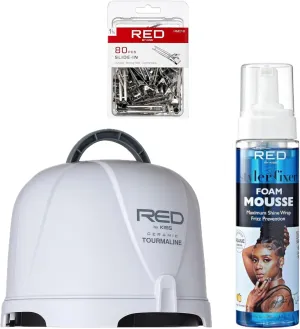 Red by Kiss 3000 Ceramic Tourmaline Professional Hood Dryer   80pcs Slide-in Hair Clips   Foaming Mousse with Jamaican Black Castor Oil, Complete Hair Styling & Curl Setting Kit for Home & Salon
