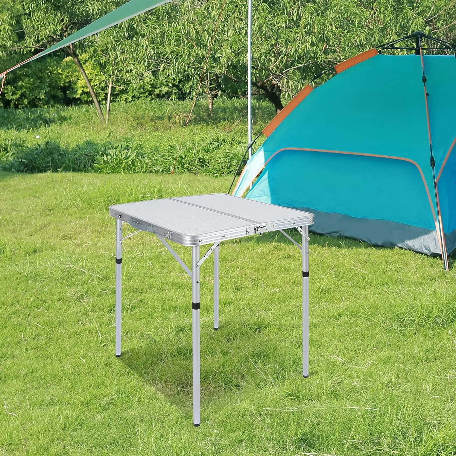 REDCAMP 24" Square Small Folding Camping Table with Adjustable Heights Legs, Lightweight Portable Aluminum Fold in Half Card Tables Bridge Tables for Outdoor Picnic, White