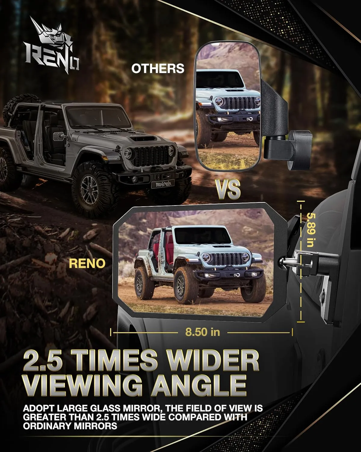 RENO Wrangler Mirrors Doors Off, Aluminum CNC Side Mirrors with Heavy-Duty Adjustable Bracket Wider View No Vibrate & Wobble Rear View Mirror Compatible with 2018-2025 Wrangler JL JLU Gladiator JT