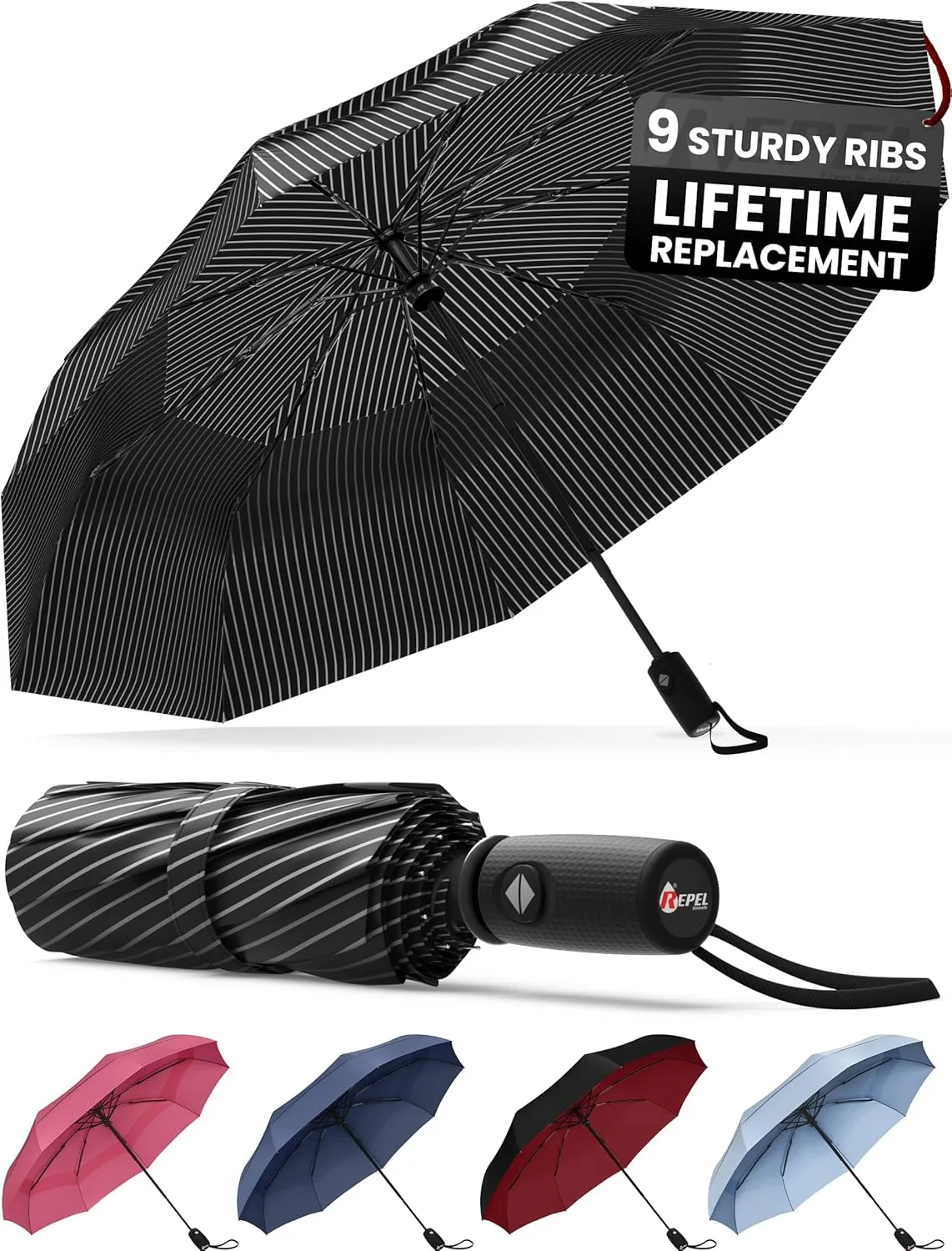 Repel Umbrella Windproof Travel Umbrellas for Rain - Easy Auto Open Close, Durable & Compact Umbrella, Strong Fiberglass Frame, Waterproof Canopy - Backpack, Purse, Portable Umbrella for Travel
