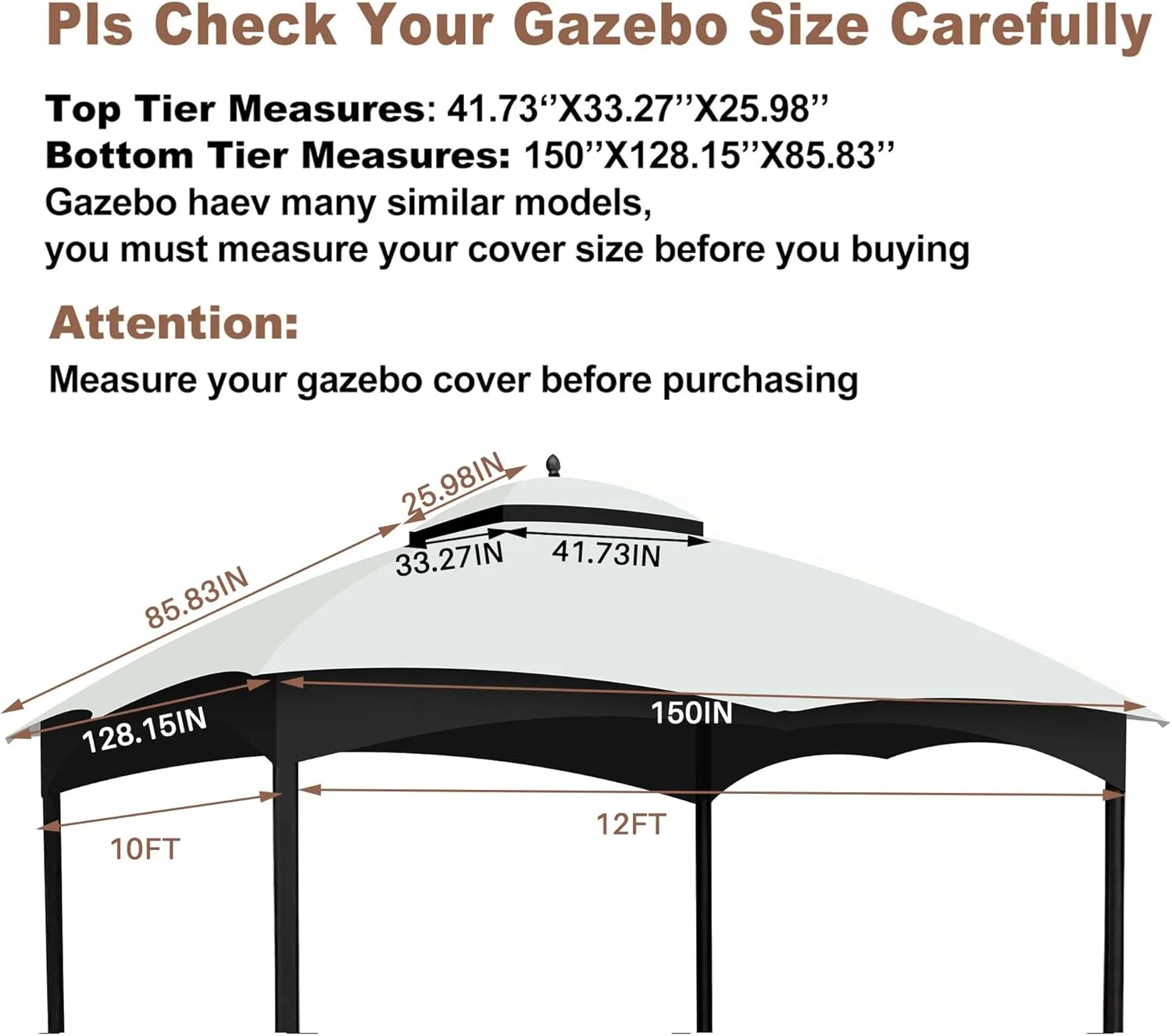 Replacement Canopy Top for Lowe's Allen Roth 10x12 Gazebo - Heavy Duty UV Protection Polyester Roof Cover with Drainage Holes & Ventilated Mosquito Netting for Backyard, Patio Outdoor Use (White)