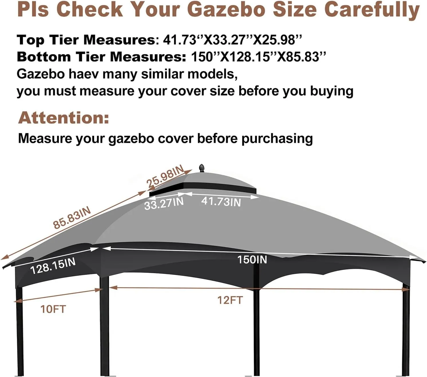 Replacement Canopy Top for Lowe's Allen Roth High Performance Ripstop Heavy Duty Gazebo Roof Gazebo Top with Air Vent 10X12 Gazebo Cover,Gray