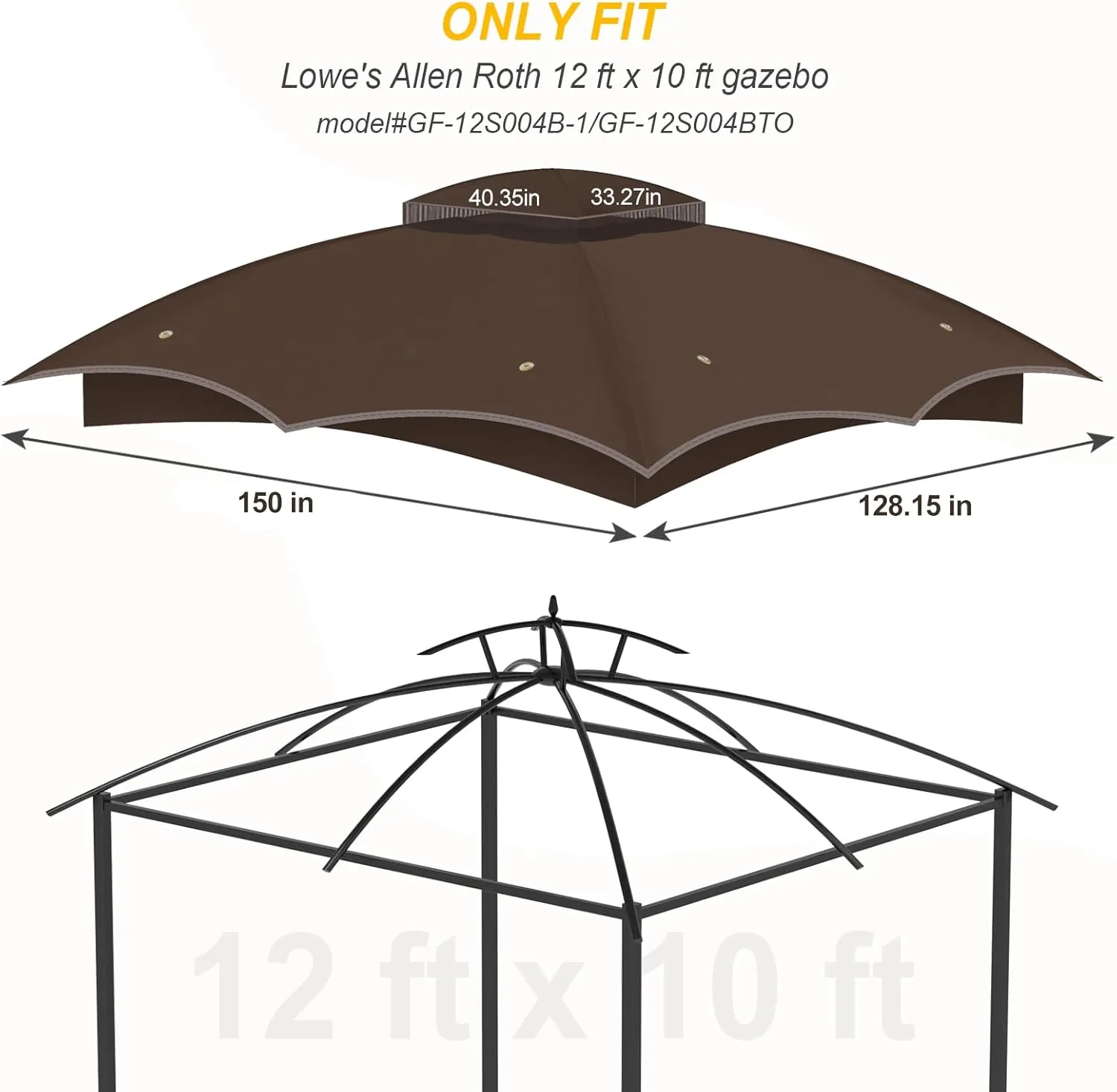 Replacement Gazebo Canopy Top Cover for 10 x 12, Double Tiered Waterproof Canopy Roof for Lowe's Allen Roth Gazebo #GF-12S004B-1 (Brown)