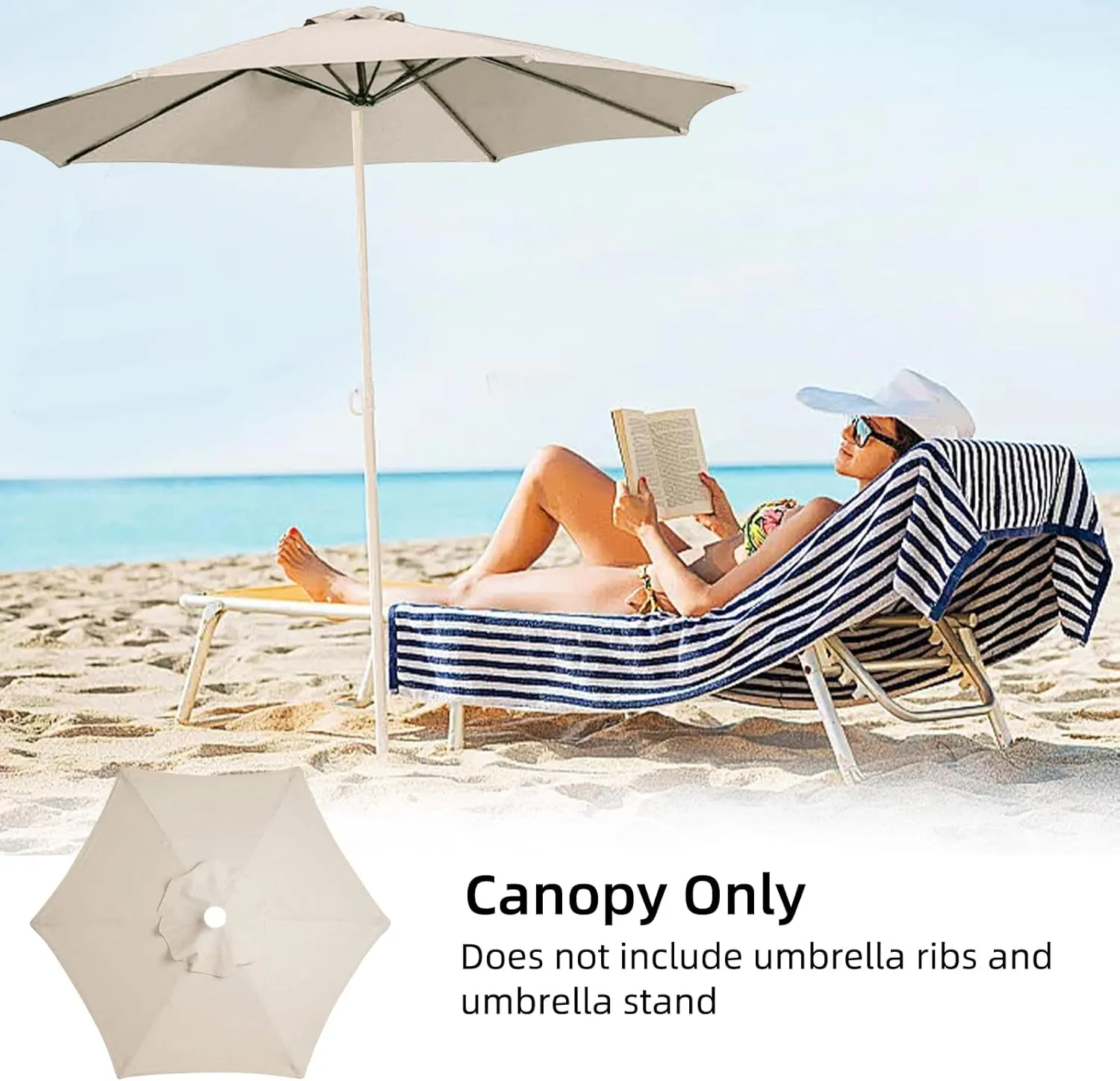 Replacement Parasol canopy for 9ft, Patio Parasol 9 ft Replacement Canopy, Outdoor replacement parasol cover surface polyester UV blocking (Beige, 6ribs)