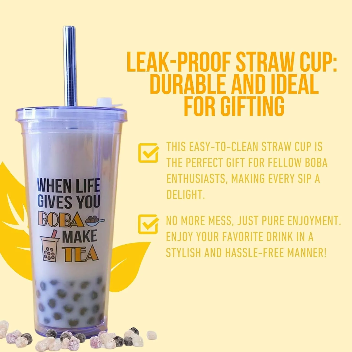 Reusable Boba Tea Cup (24 oz) with Stainless Steel Straw | Insulated Bubble Tea Kit & Personalized Gift for Enthusiasts