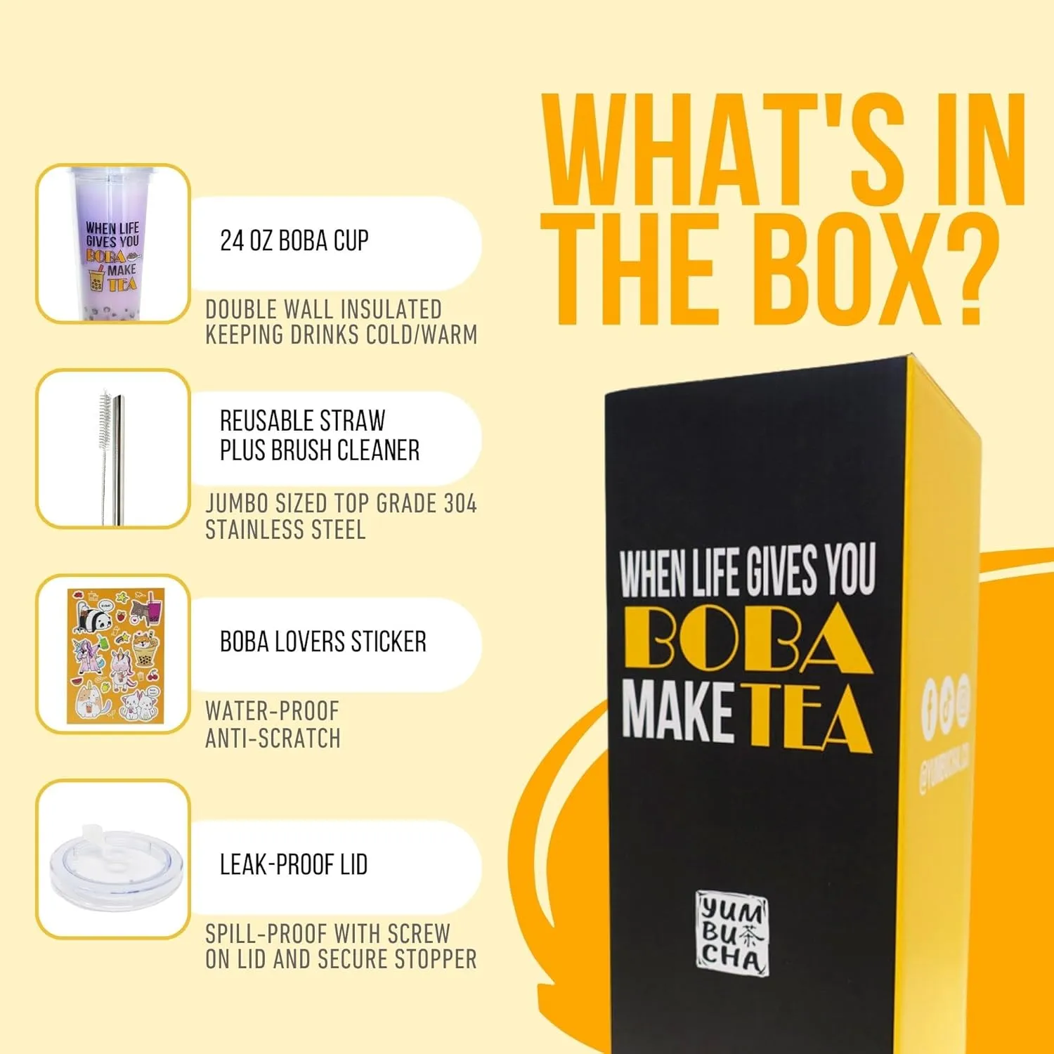 Reusable Boba Tea Cup (24 oz) with Stainless Steel Straw | Insulated Bubble Tea Kit & Personalized Gift for Enthusiasts