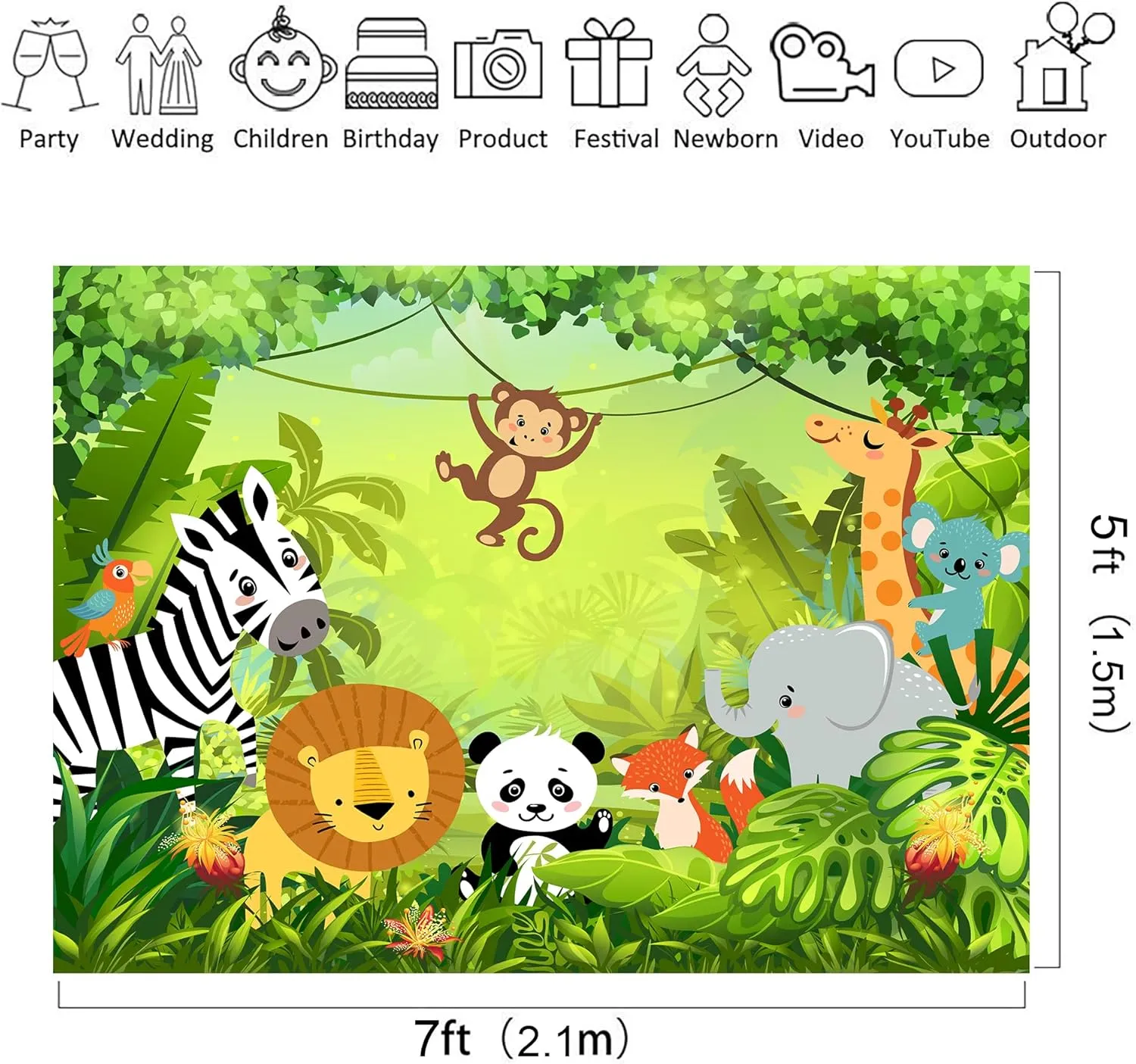Riyidecor Jungle Safari Animal Backdrop Polyester Fabric Green Animation Kids Panda Lion 7Wx5H Feet Cute Wildlife Zoo Zebra Photography Background Birthday Baby Shower Photo Studio Shoot