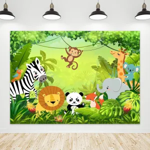 Riyidecor Jungle Safari Animal Backdrop Polyester Fabric Green Animation Kids Panda Lion 7Wx5H Feet Cute Wildlife Zoo Zebra Photography Background Birthday Baby Shower Photo Studio Shoot