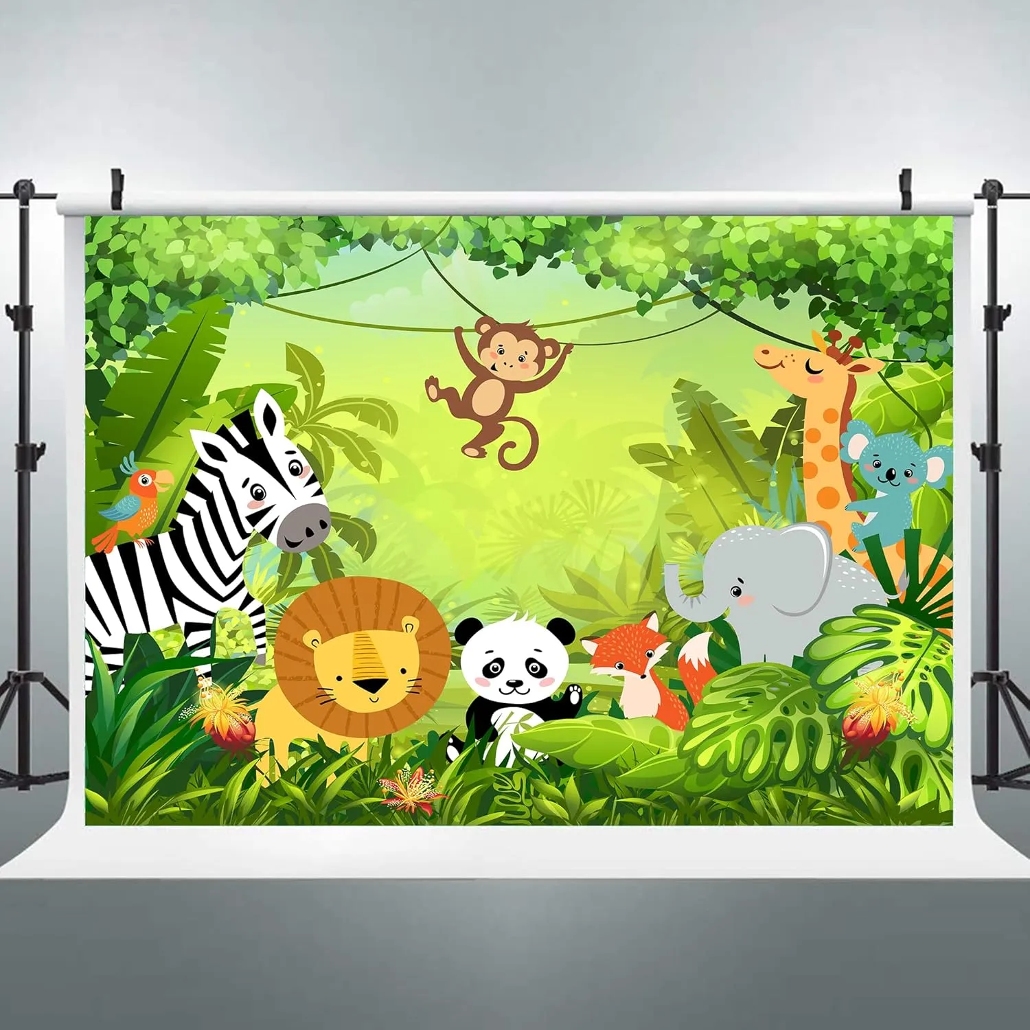 Riyidecor Jungle Safari Animal Backdrop Polyester Fabric Green Animation Kids Panda Lion 7Wx5H Feet Cute Wildlife Zoo Zebra Photography Background Birthday Baby Shower Photo Studio Shoot