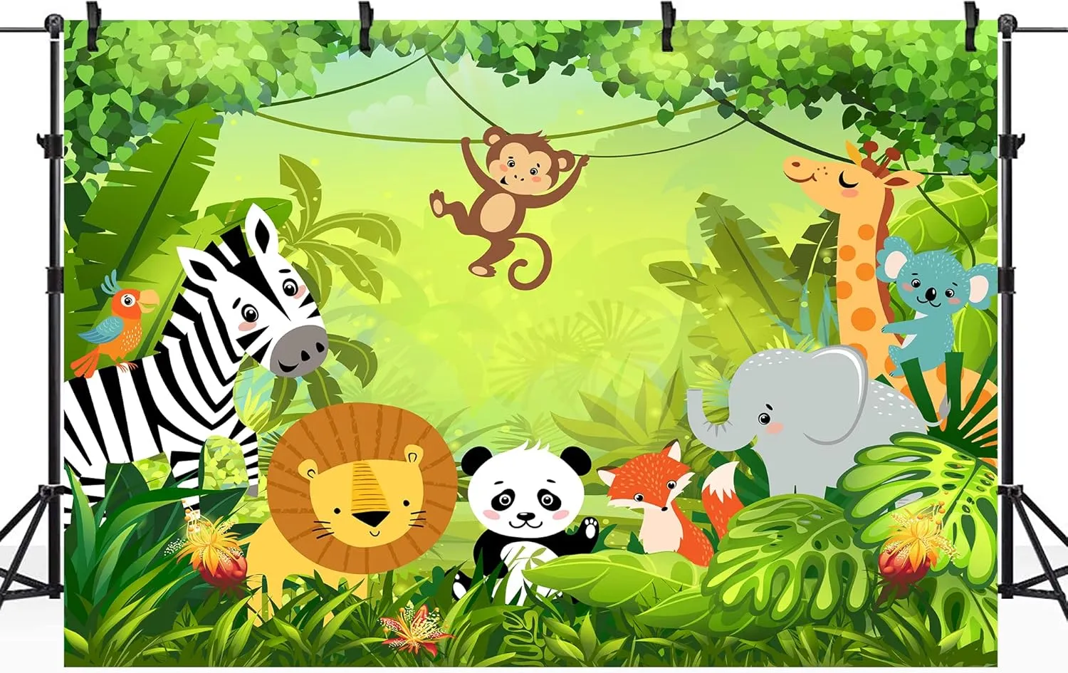 Riyidecor Jungle Safari Animal Backdrop Polyester Fabric Green Animation Kids Panda Lion 7Wx5H Feet Cute Wildlife Zoo Zebra Photography Background Birthday Baby Shower Photo Studio Shoot