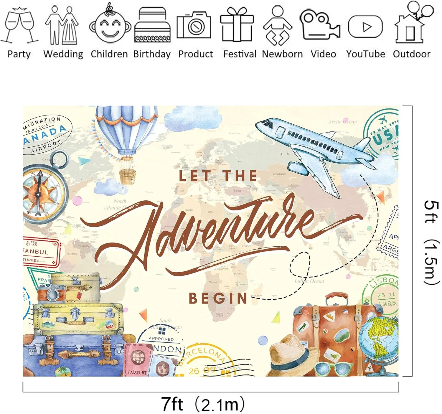 Riyidecor Let The Adventure Begin Backdrop World Map Adventure Awaits Airplane Baby Shower Decorations 7Wx5H Feet Travel Hot Air Balloon Photography Background Graduation Birthday Photo Shoot Fabric