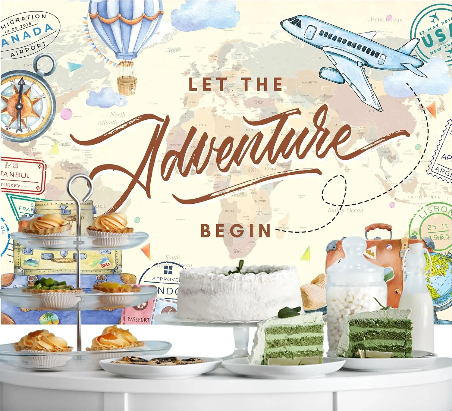 Riyidecor Let The Adventure Begin Backdrop World Map Adventure Awaits Airplane Baby Shower Decorations 7Wx5H Feet Travel Hot Air Balloon Photography Background Graduation Birthday Photo Shoot Fabric