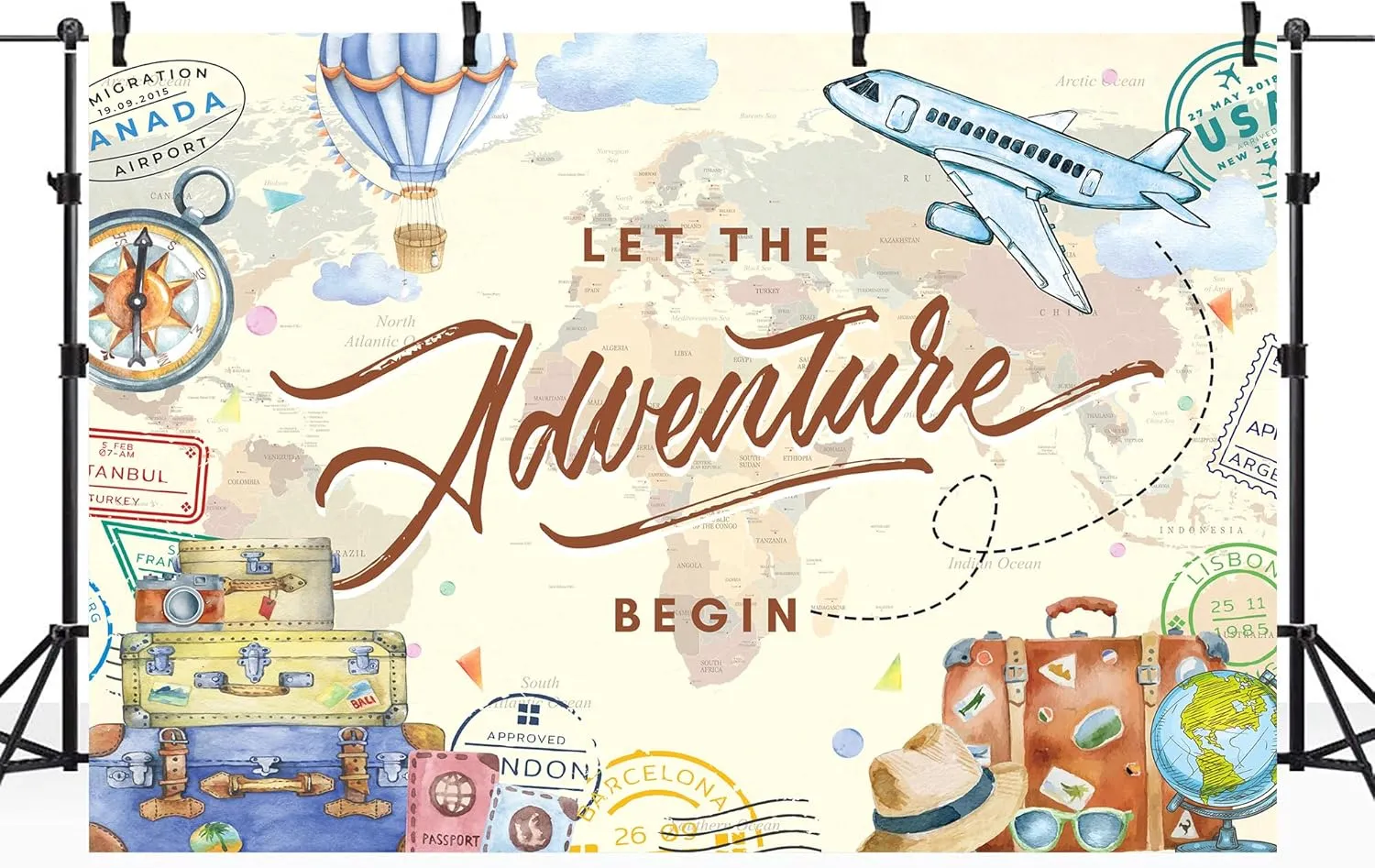 Riyidecor Let The Adventure Begin Backdrop World Map Adventure Awaits Airplane Baby Shower Decorations 7Wx5H Feet Travel Hot Air Balloon Photography Background Graduation Birthday Photo Shoot Fabric