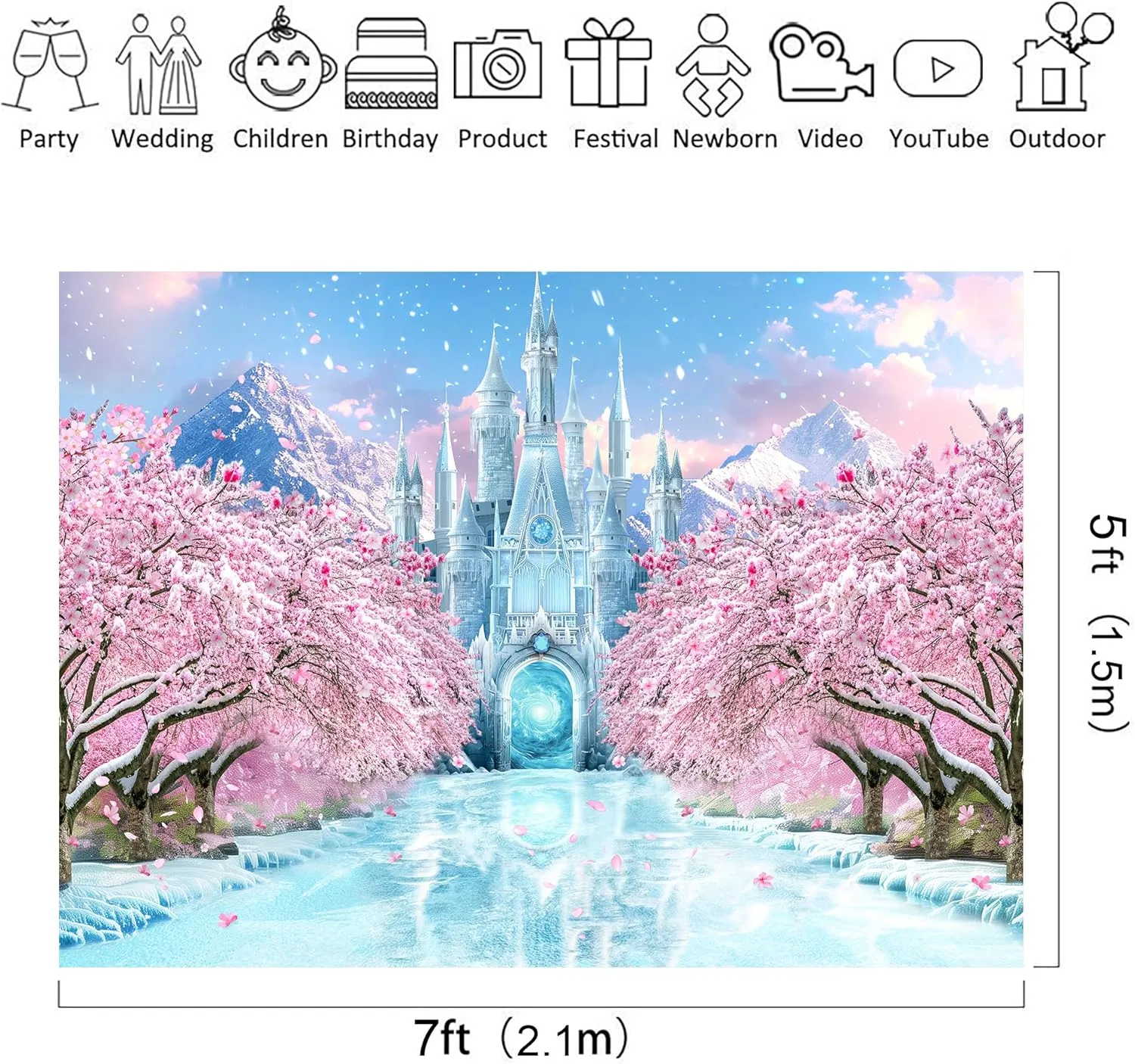 Riyidecor Winter Castle Backdrop Polyester Fabric Ice Wonderland Fairy Pink Sakura Flower Princess Snowflake Crystal Ice 7Wx5H Feet Girls Princess Photography Background Birthday Photo Studio Shoot