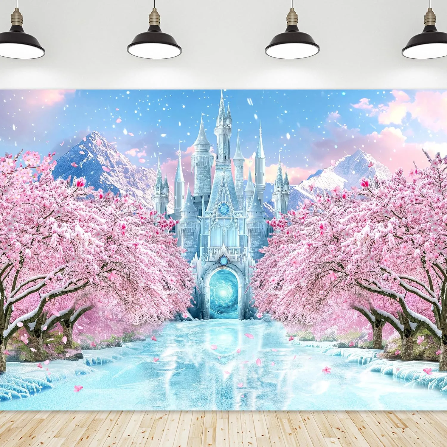 Riyidecor Winter Castle Backdrop Polyester Fabric Ice Wonderland Fairy Pink Sakura Flower Princess Snowflake Crystal Ice 7Wx5H Feet Girls Princess Photography Background Birthday Photo Studio Shoot