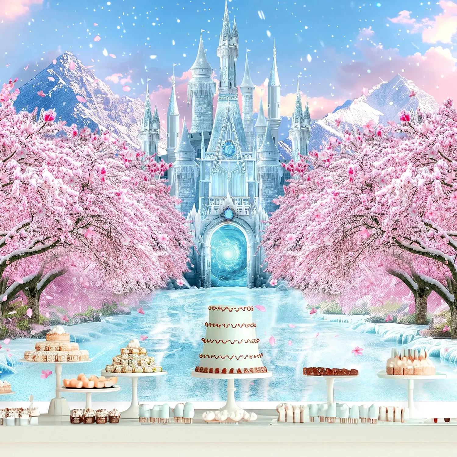 Riyidecor Winter Castle Backdrop Polyester Fabric Ice Wonderland Fairy Pink Sakura Flower Princess Snowflake Crystal Ice 7Wx5H Feet Girls Princess Photography Background Birthday Photo Studio Shoot
