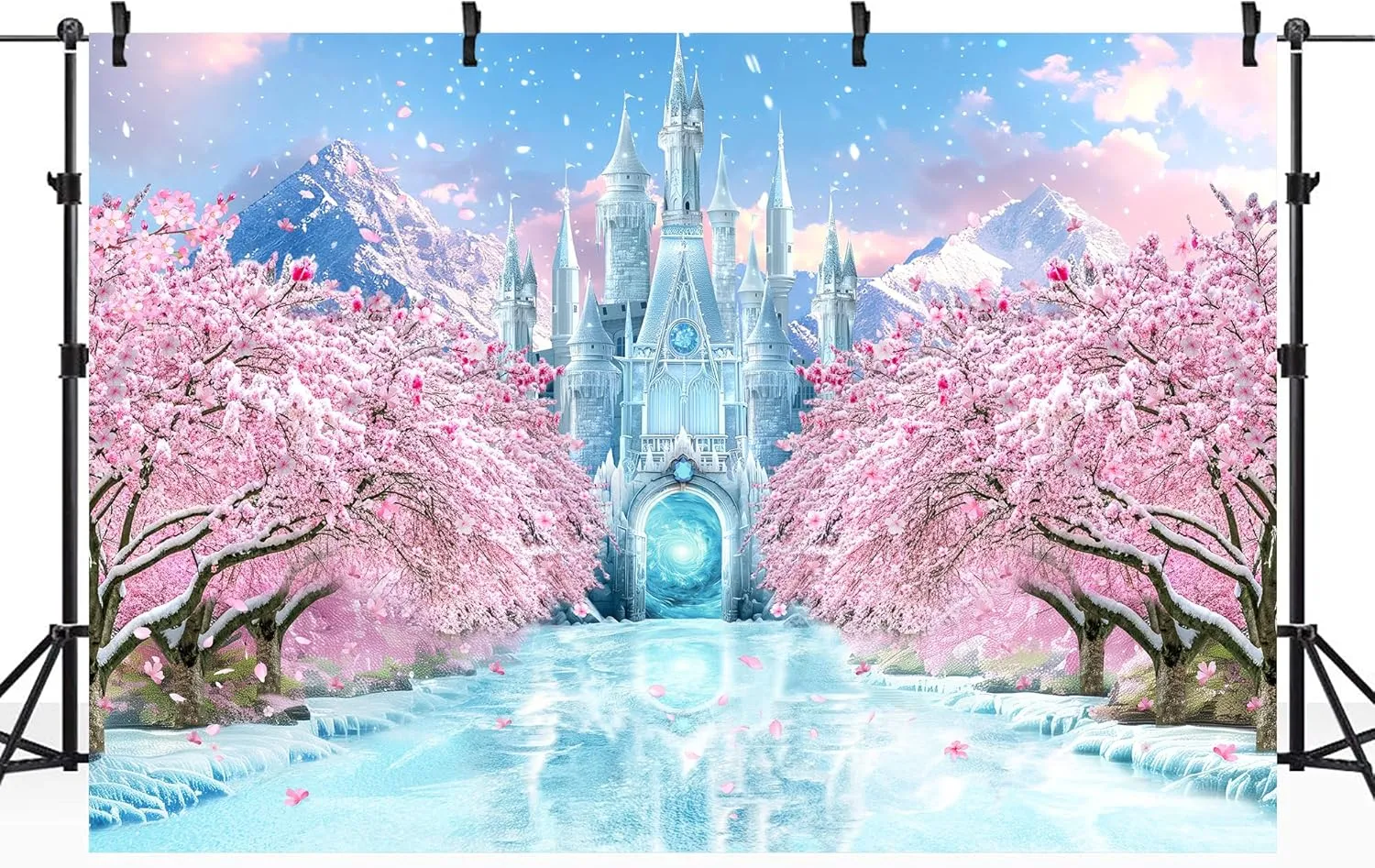Riyidecor Winter Castle Backdrop Polyester Fabric Ice Wonderland Fairy Pink Sakura Flower Princess Snowflake Crystal Ice 7Wx5H Feet Girls Princess Photography Background Birthday Photo Studio Shoot