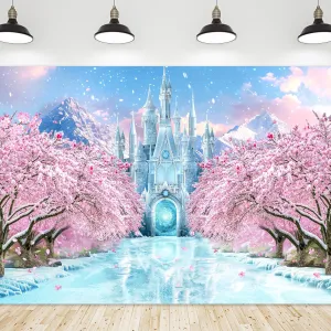 Riyidecor Winter Castle Backdrop Polyester Fabric Ice Wonderland Fairy Pink Sakura Flower Princess Snowflake Crystal Ice 7Wx5H Feet Girls Princess Photography Background Birthday Photo Studio Shoot